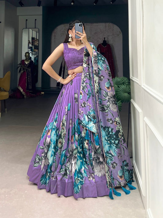 Orchid Purple Floral Design Lehengas For Woven with Sleeve Less Blouse