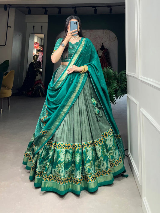 Jungle Green & Multi-colored Lehengas Woven Jaal Design Silk with Blouse