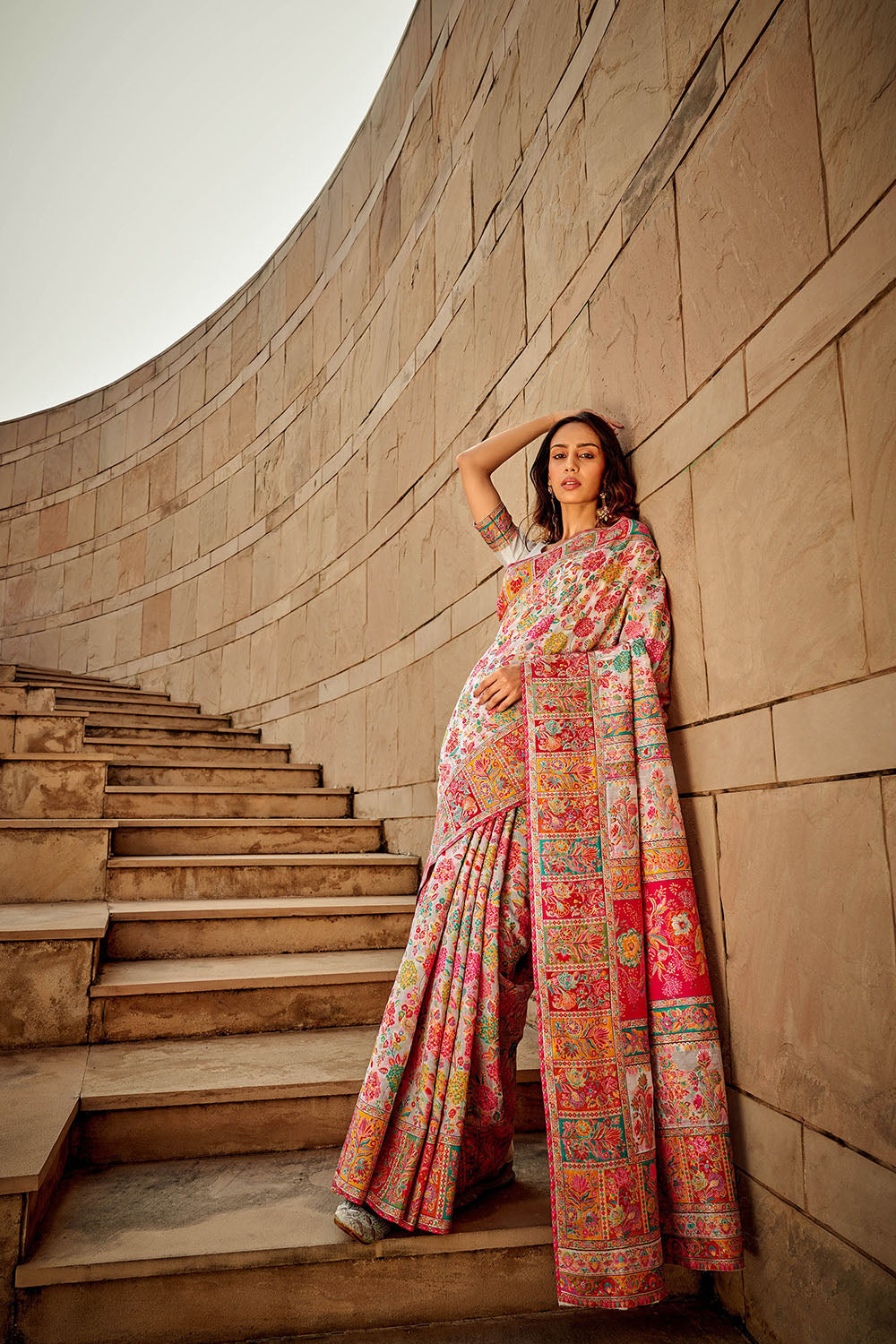 White Floral Kashmiri Silk Saree with White Designer Blouse
