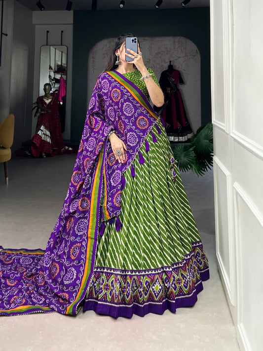 Green & Purple Leheriya Style Lehengas with Blouse and Dupatta