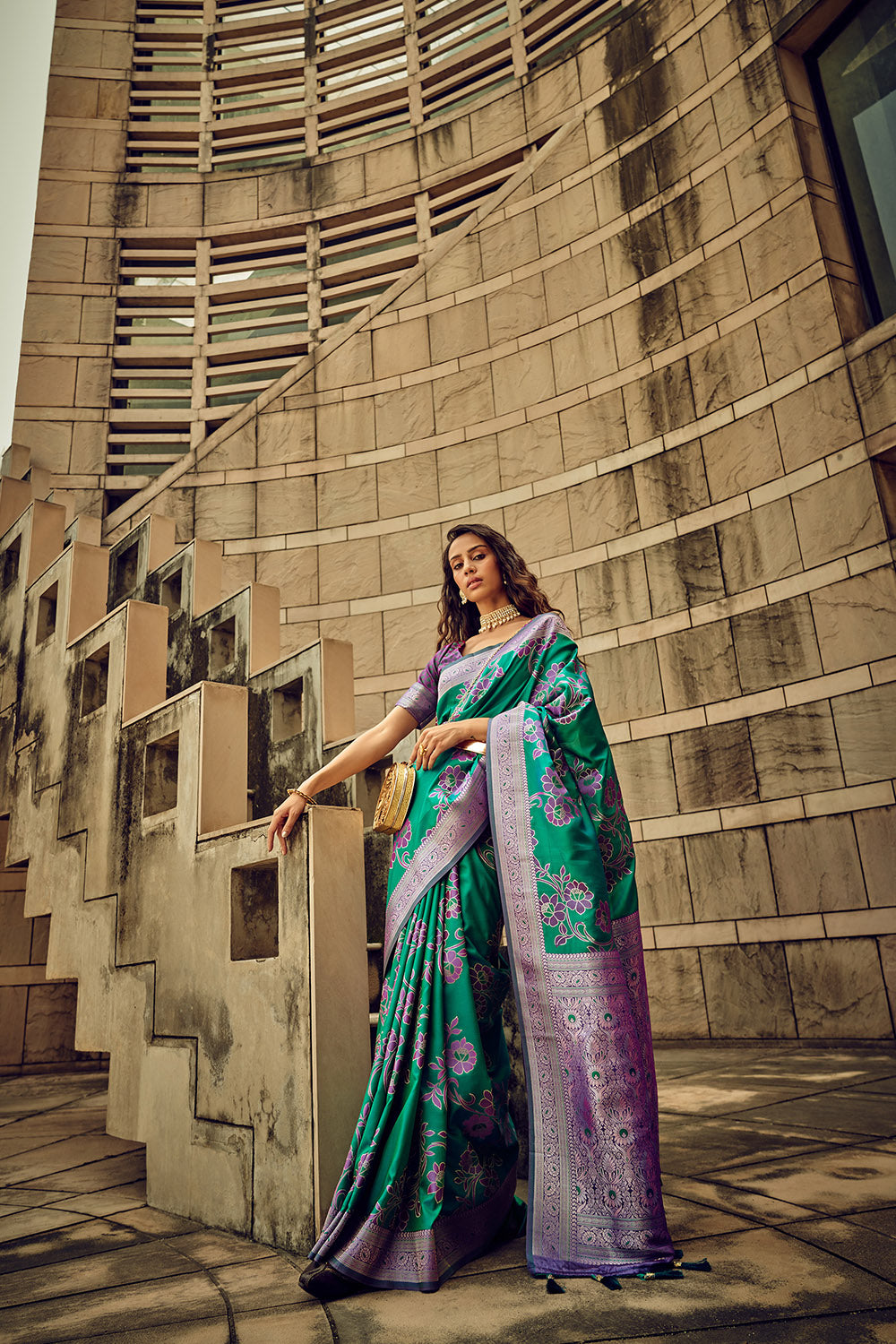 Pine Green & Grape Satin Saree with Violet Purple Designer Blouse