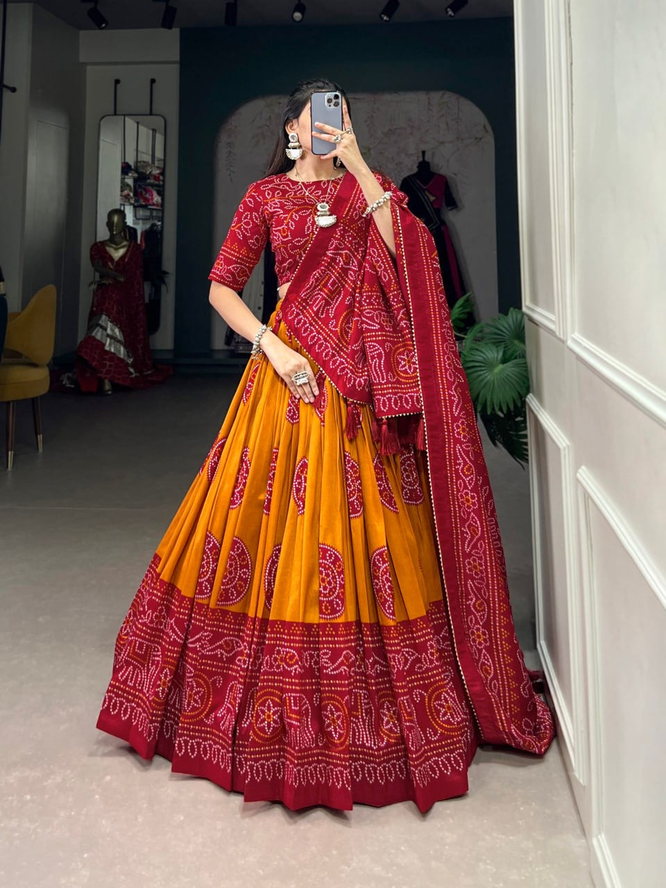Designer Bandhani Lehenga Choli with Fancy Blouse and Bandhani Dupatta