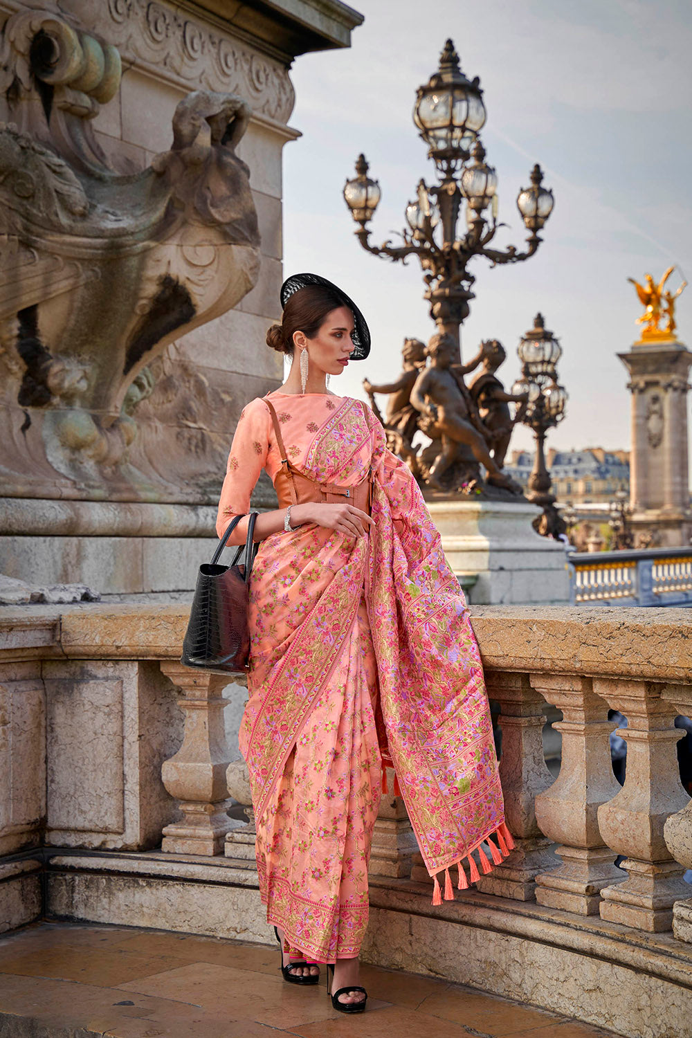 Coral Pink Floral Design Kashmiri Silk Saree with Fancy Blouse