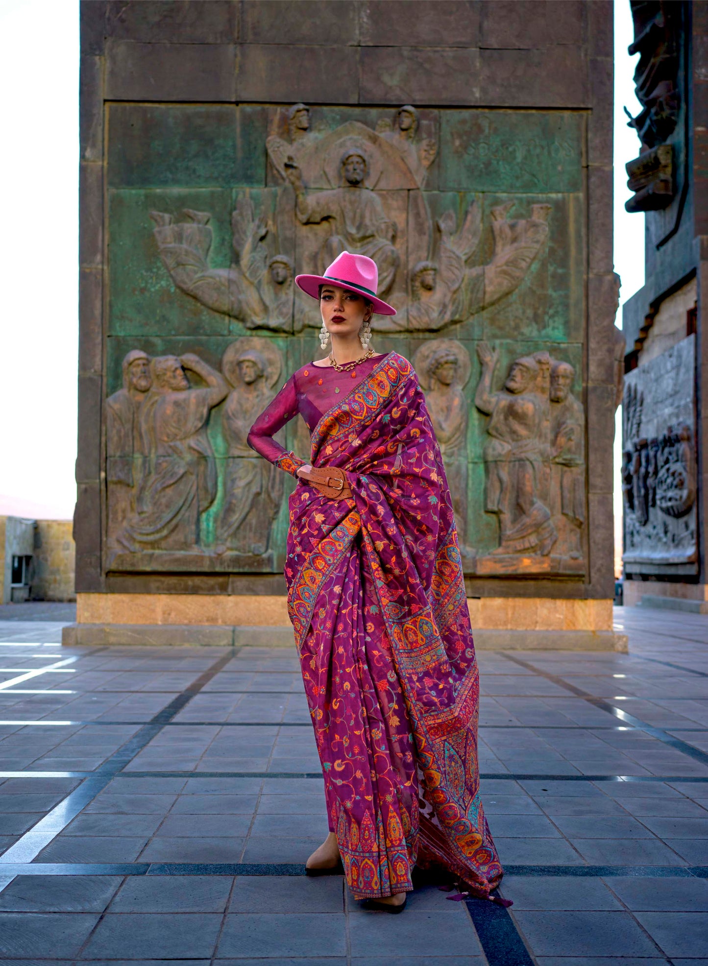 Raspberry Red Kashmiri Kani Silk Saree with Designer Blouse