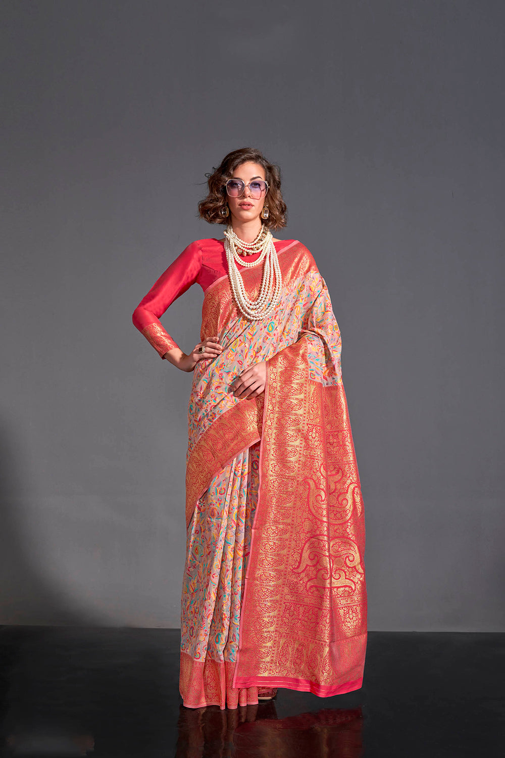 Lemonade Pink & Pink Border Kashmiri Saree with Ruby Pink Blouse