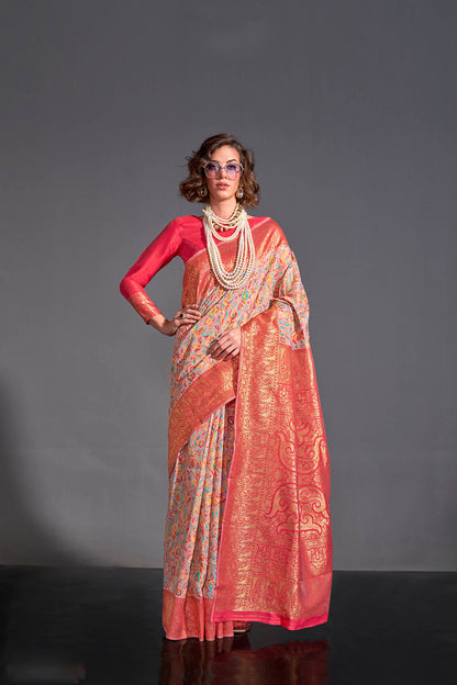 Lemonade Pink & Pink Border Kashmiri Saree with Ruby Pink Blouse