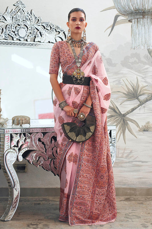 Baby Pink & Multi-colored Border Kashmiri Saree with Fancy Blouse