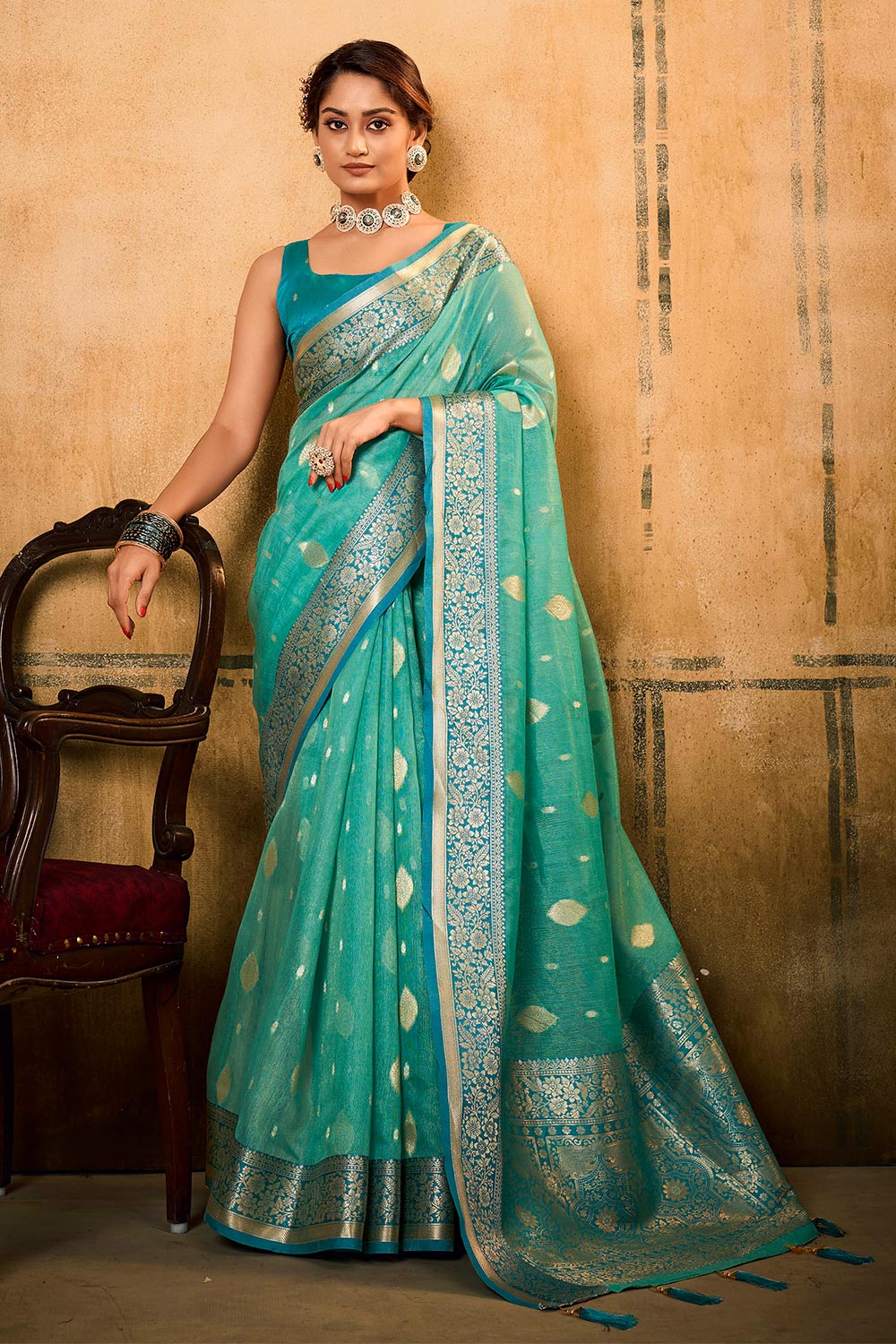 Turquoise Blue & Golden Border Banarasi Silk Saree with Same Colored Fancy Blouse