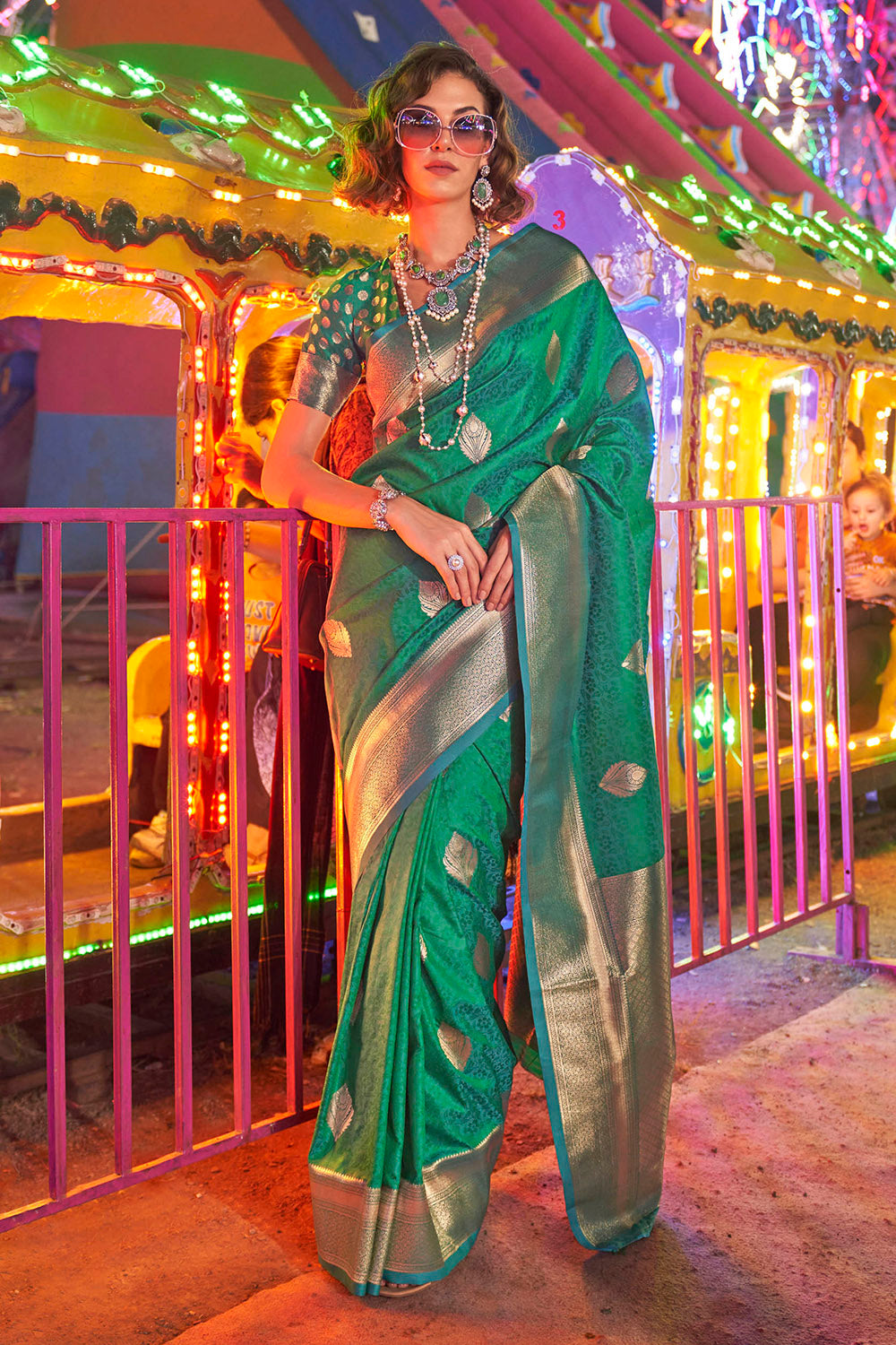 Jade Green & Golden Banarasi Silk Saree with Same Colored Blouse