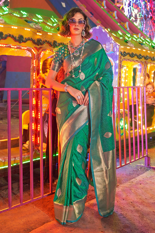 Jade Green & Golden Banarasi Silk Saree with Same Colored Blouse