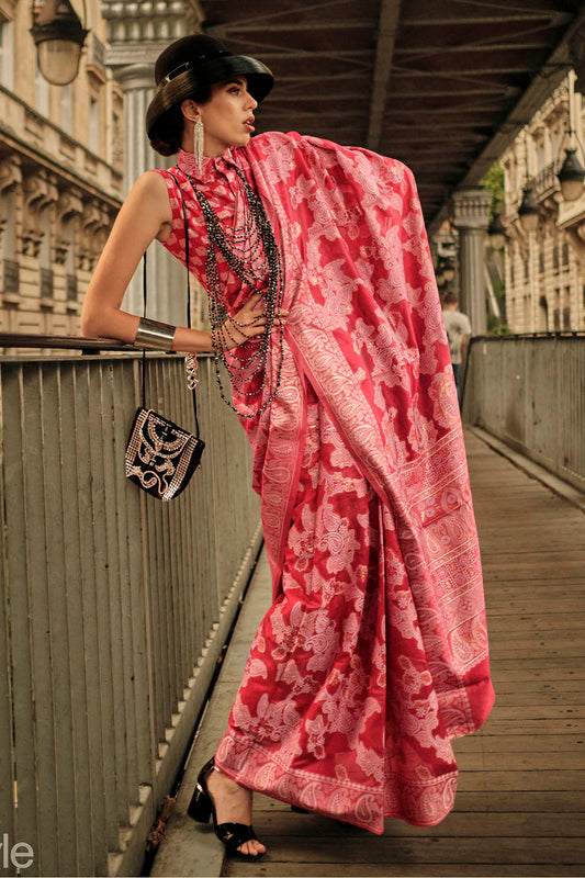 Candy Apple & White Floral Design Lucknowi Chikan Kari Saree with Designer Blouse
