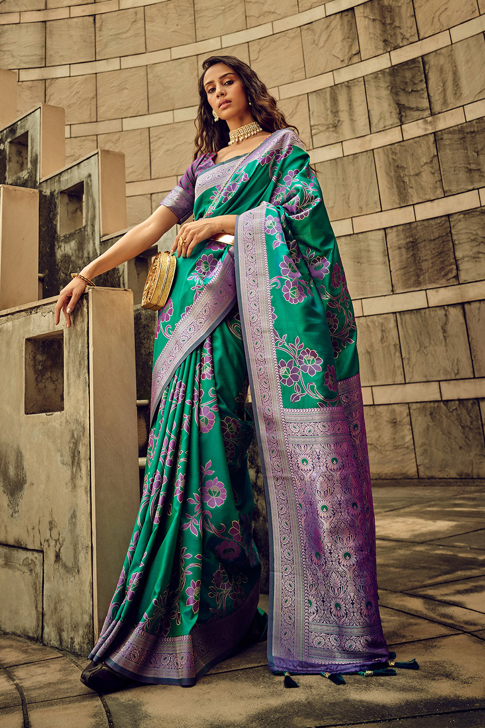 Pine Green & Grape Satin Saree with Violet Purple Designer Blouse