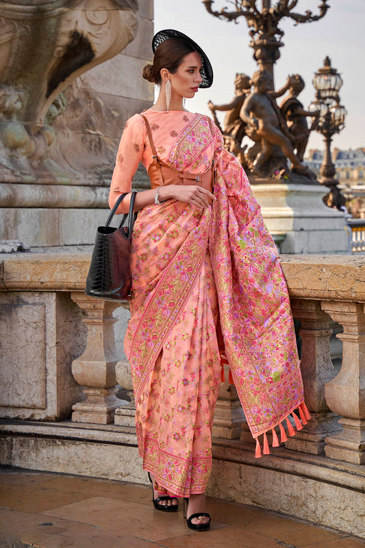 Coral Pink Floral Design Kashmiri Silk Saree with Fancy Blouse