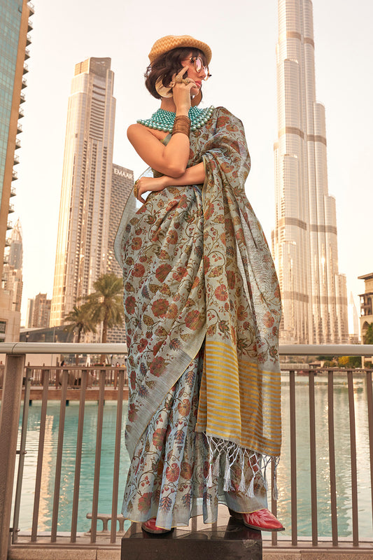 Blue & Golden Border Organza Saree with Fancy Contrast Blouse