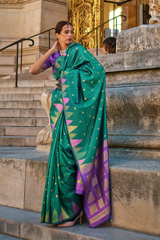 Jungle Green & Grape Purple Banarasi Silk Saree with Purple Pretty Blouse