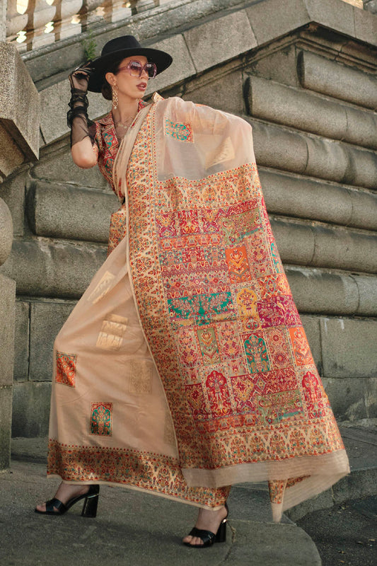Peach Cream Kashmiri Silk Saree with Fancy Blouse