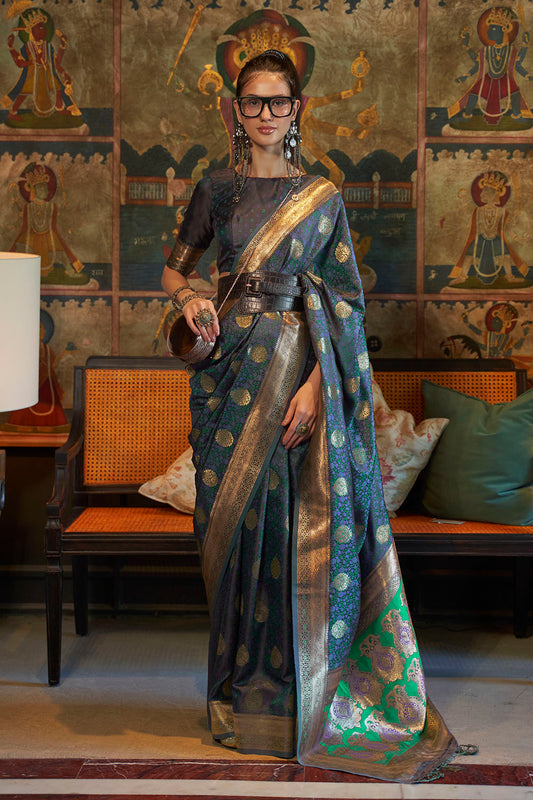 Anchor Grey Banarasi Silk Saree with Grey Fancy Blouse