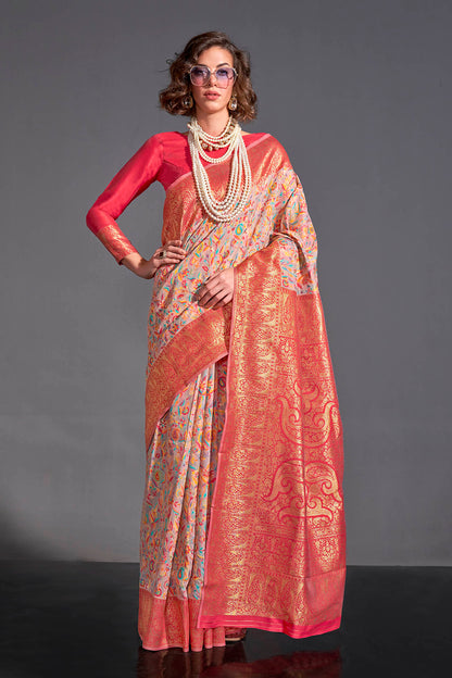 Lemonade Pink & Pink Border Kashmiri Saree with Ruby Pink Blouse