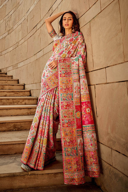 White Floral Kashmiri Silk Saree with White Designer Blouse