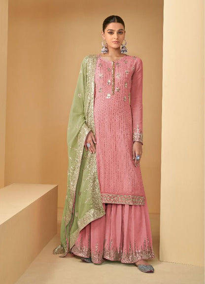 Light Peach Soft Georgette Sharara Suit Set with Contrast Dupatta