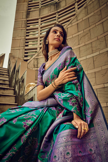 Pine Green & Grape Satin Saree with Violet Purple Designer Blouse