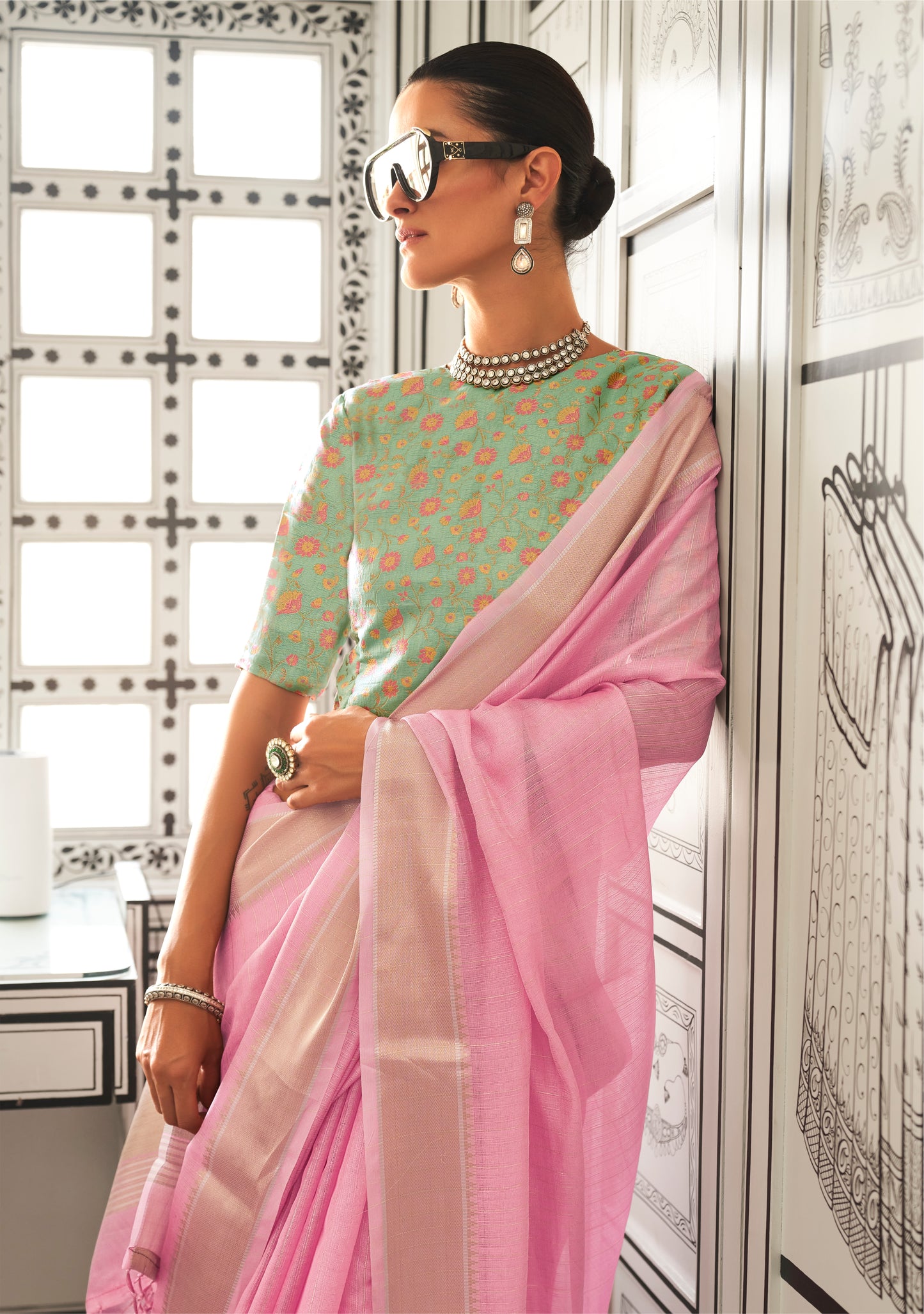 Bubble Gum Linen Saree with Mint Green Designer Blouse