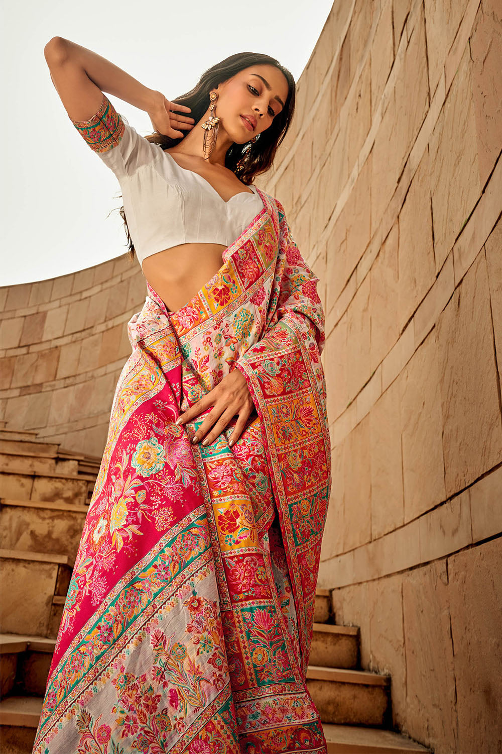 White Floral Kashmiri Silk Saree with White Designer Blouse