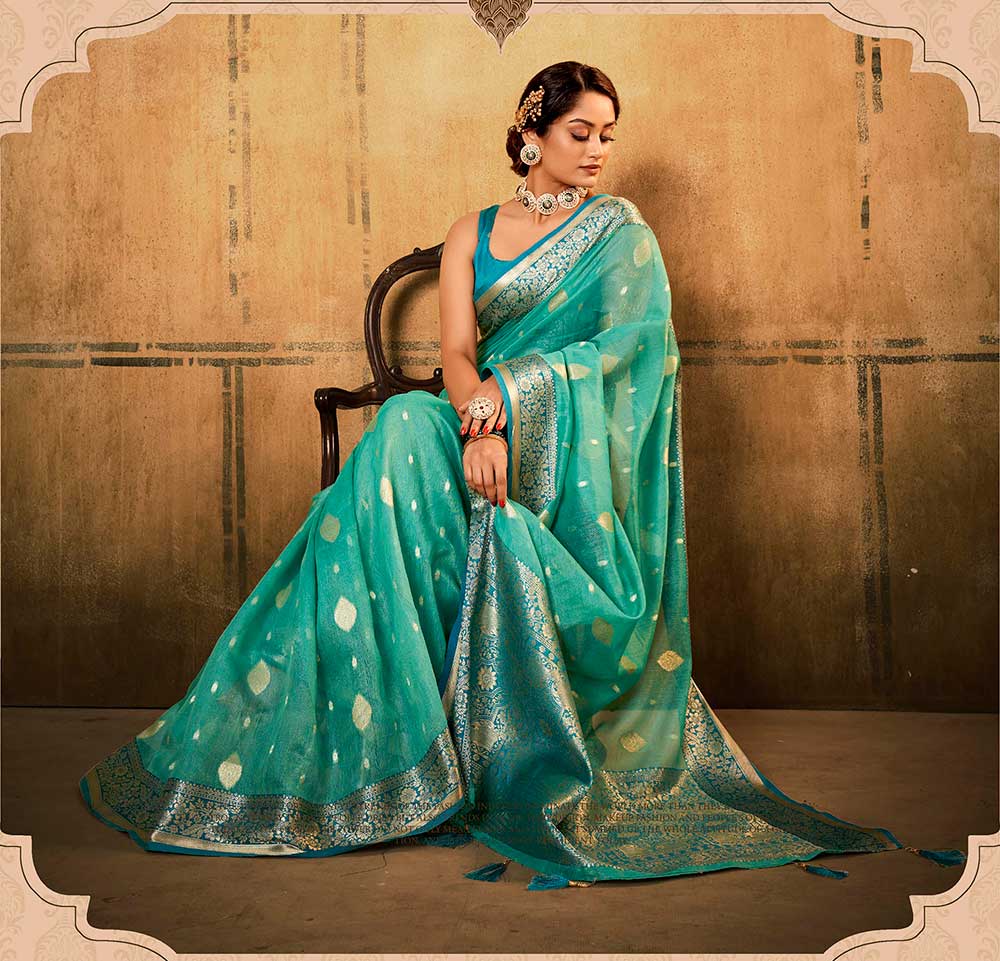 Turquoise Blue & Golden Border Banarasi Silk Saree with Same Colored Fancy Blouse