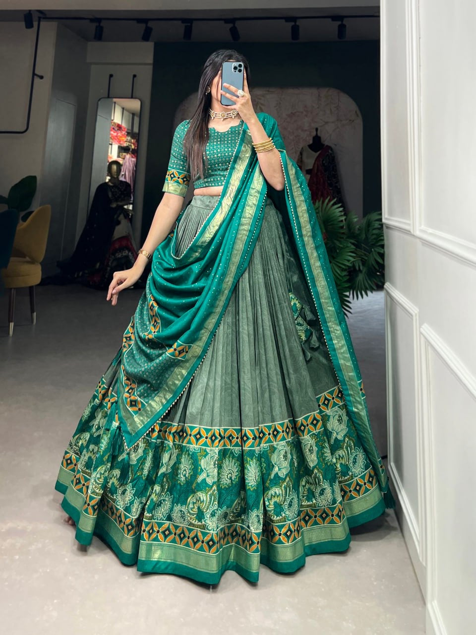 Jungle Green & Multi-colored Lehengas Woven Jaal Design Silk with Blouse