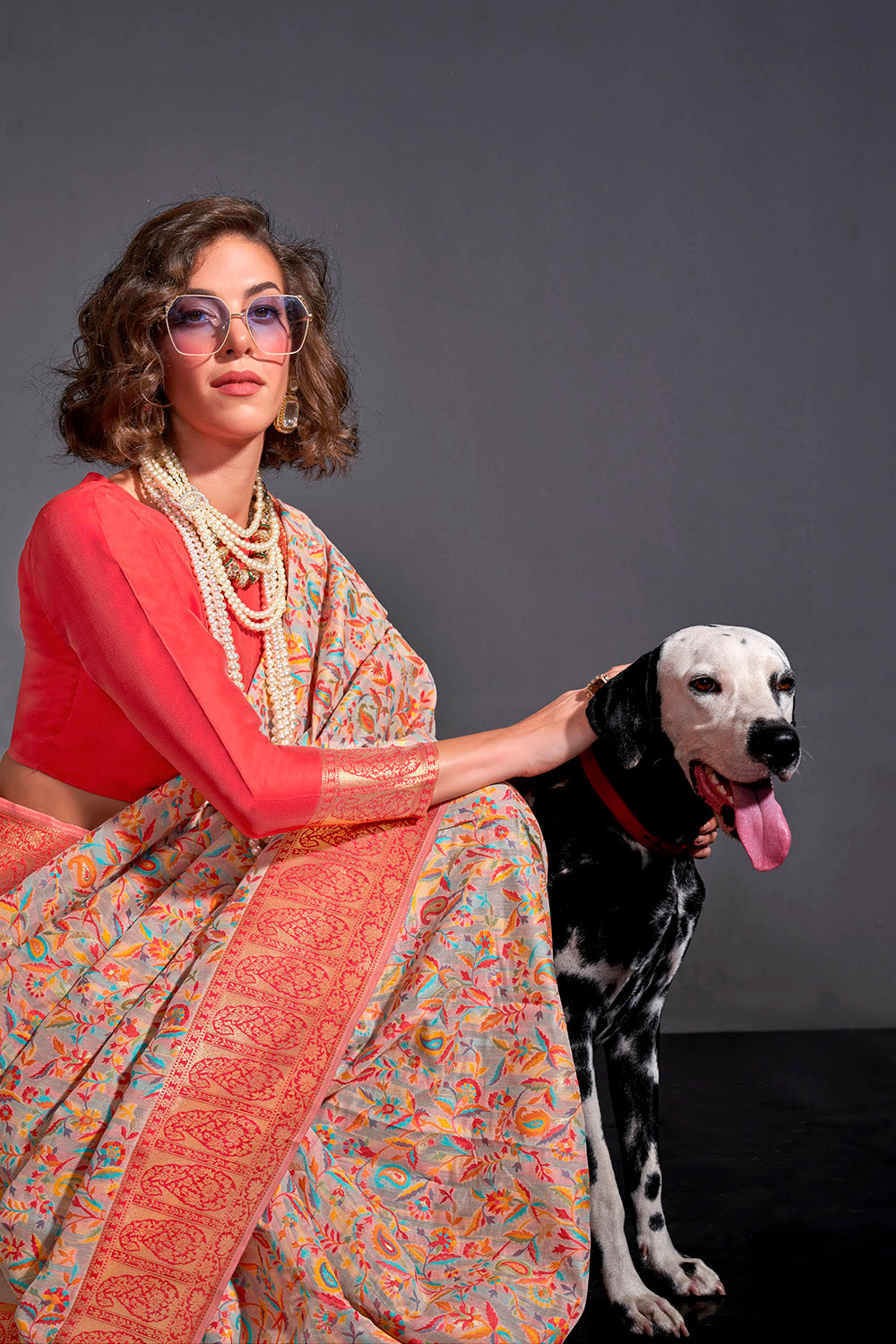 Lemonade Pink & Pink Border Kashmiri Saree with Ruby Pink Blouse