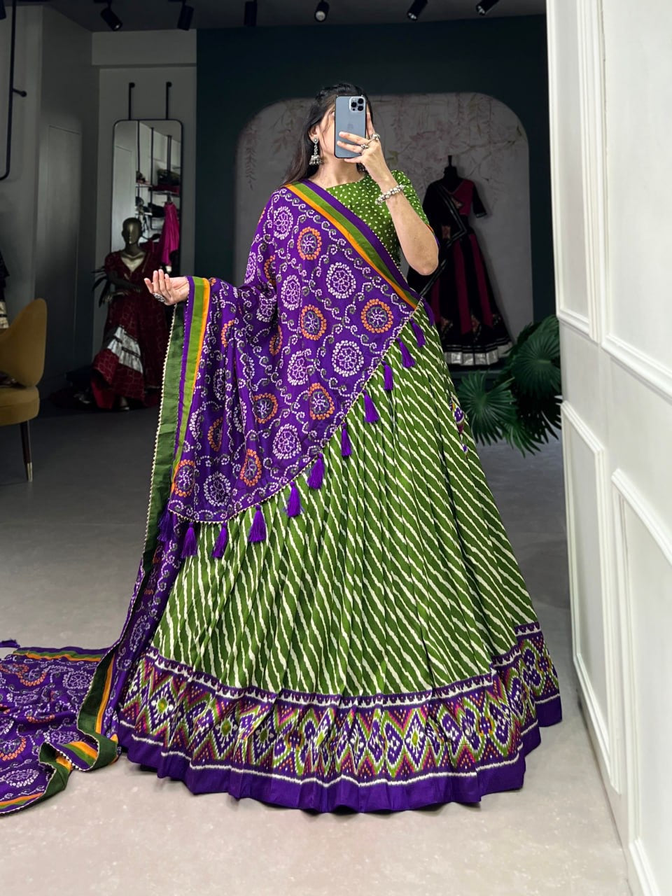 Green & Purple Leheriya Style Lehengas with Blouse and Dupatta