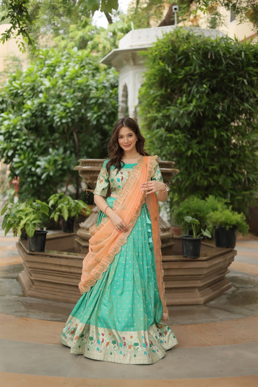 Powder Blue Designer Paithani Style Lehengas with Matching Paithani Blouse