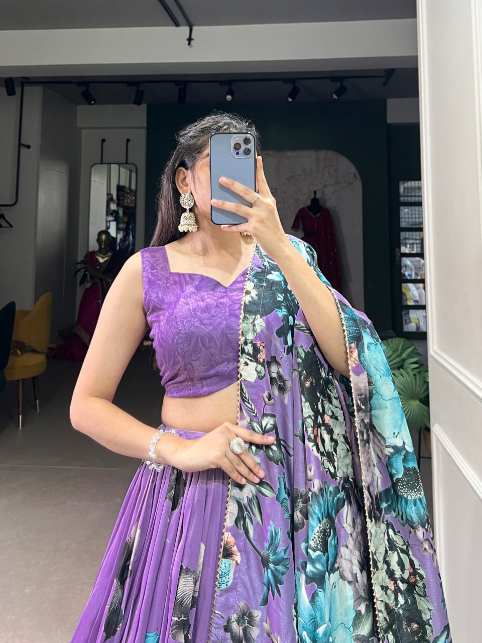 Orchid Purple Floral Design Lehengas For Woven with Sleeve Less Blouse