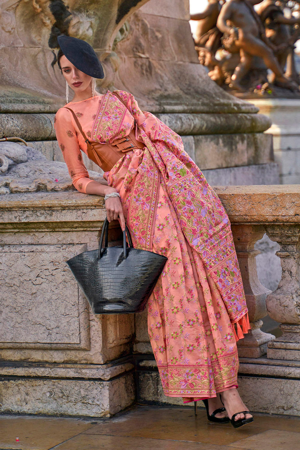 Coral Pink Floral Design Kashmiri Silk Saree with Fancy Blouse