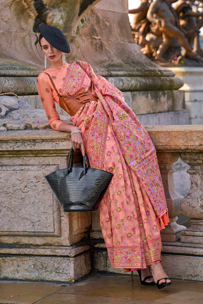Coral Pink Floral Design Kashmiri Silk Saree with Fancy Blouse