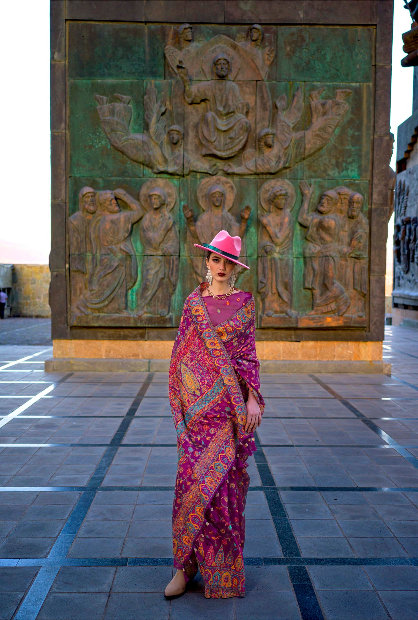 Raspberry Red Kashmiri Kani Silk Saree with Designer Blouse