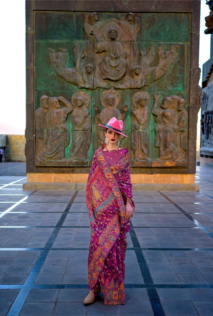 Raspberry Red Kashmiri Kani Silk Saree with Designer Blouse
