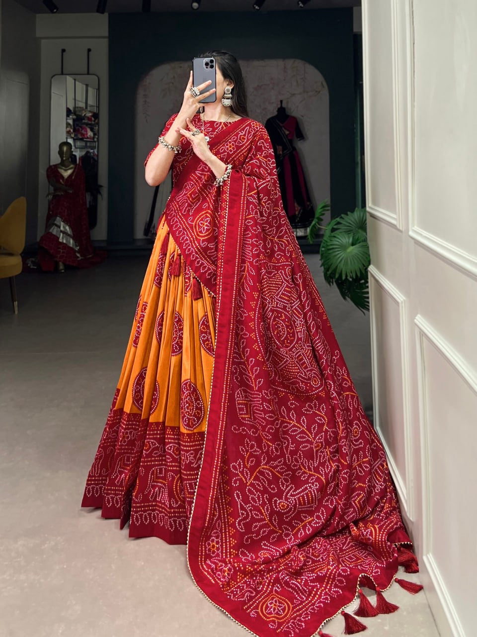 Designer Bandhani Lehenga Choli with Fancy Blouse and Bandhani Dupatta