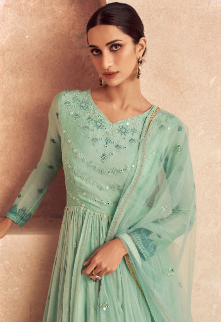 Sky Blue & Pine Green Shade Embroidery Neck Anarkali Dress with Designer Dupatta