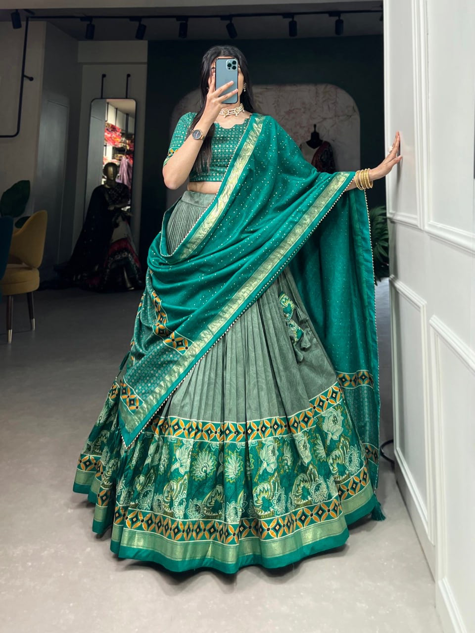 Jungle Green & Multi-colored Lehengas Woven Jaal Design Silk with Blouse