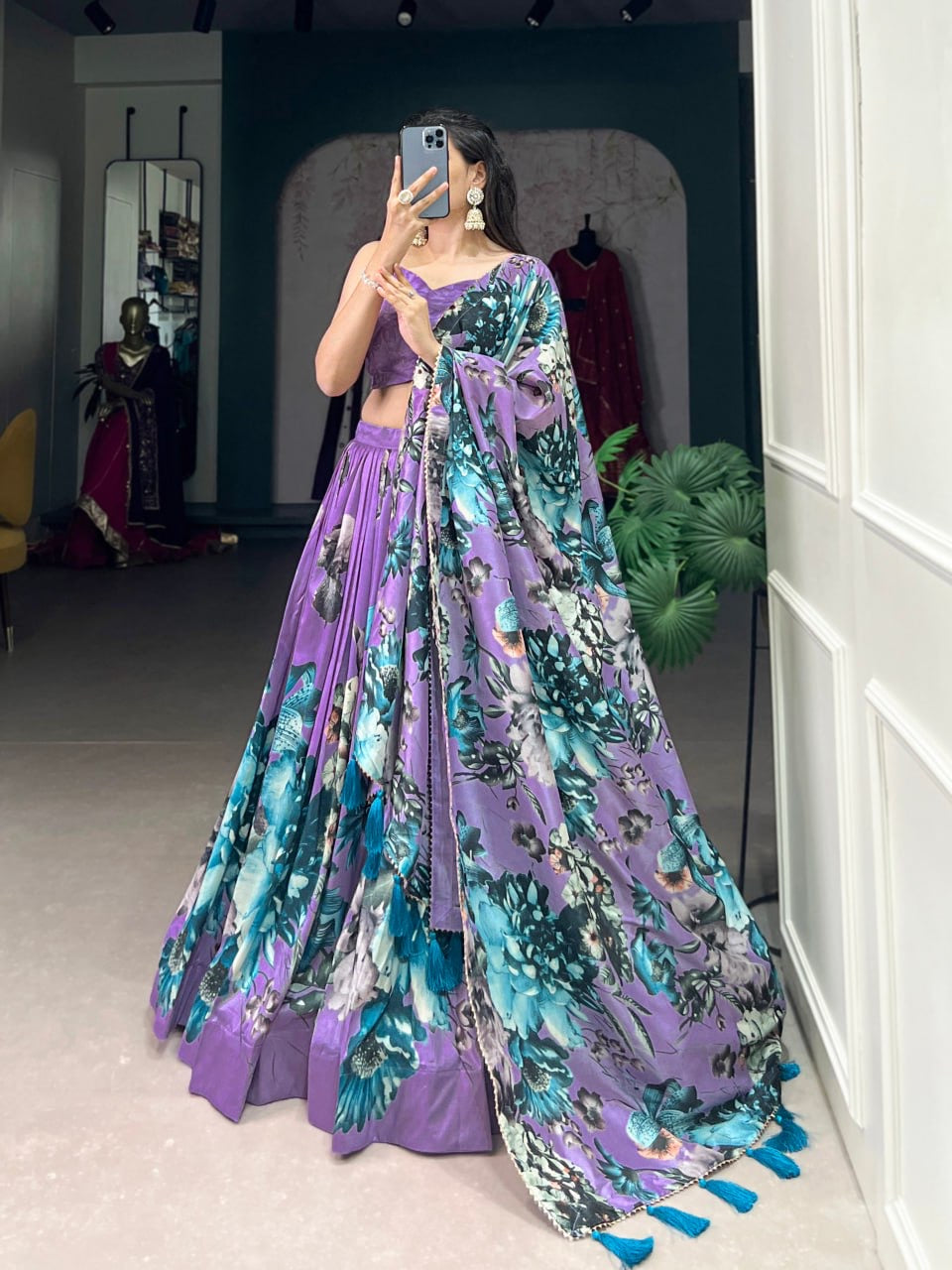 Orchid Purple Floral Design Lehengas For Woven with Sleeve Less Blouse