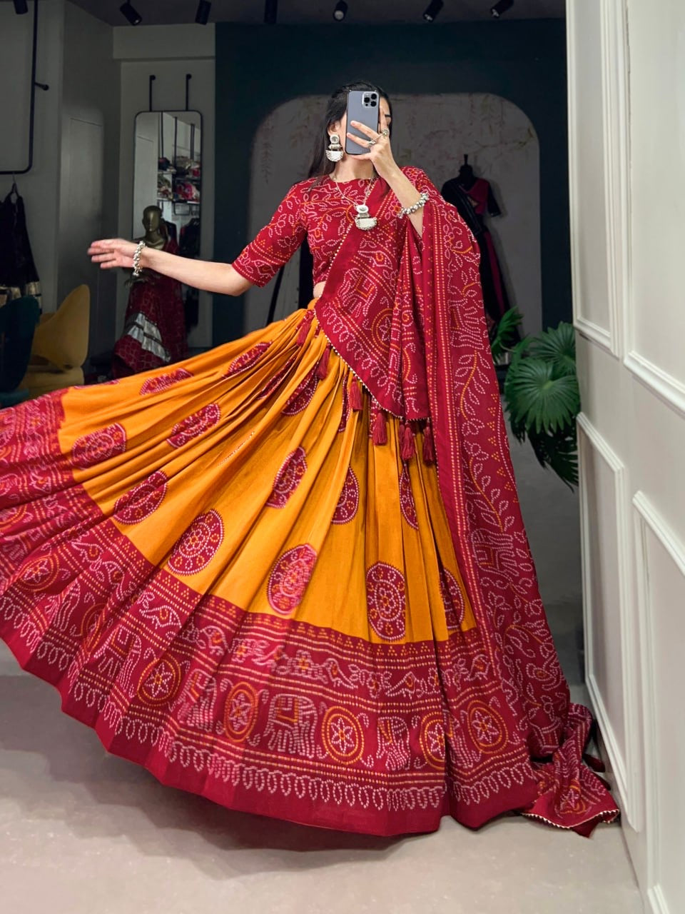 Designer Bandhani Lehenga Choli with Fancy Blouse and Bandhani Dupatta