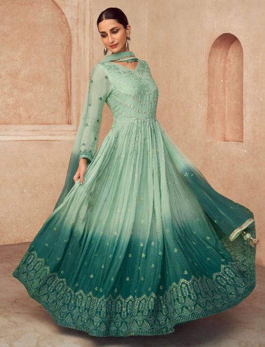 Sky Blue & Pine Green Shade Embroidery Neck Anarkali Dress with Designer Dupatta