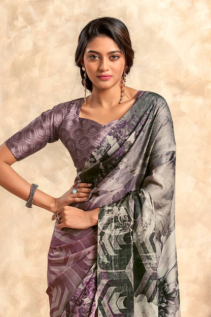 Plum Purple & Multicolored Printed Saree with Same Colored Designer Blouse