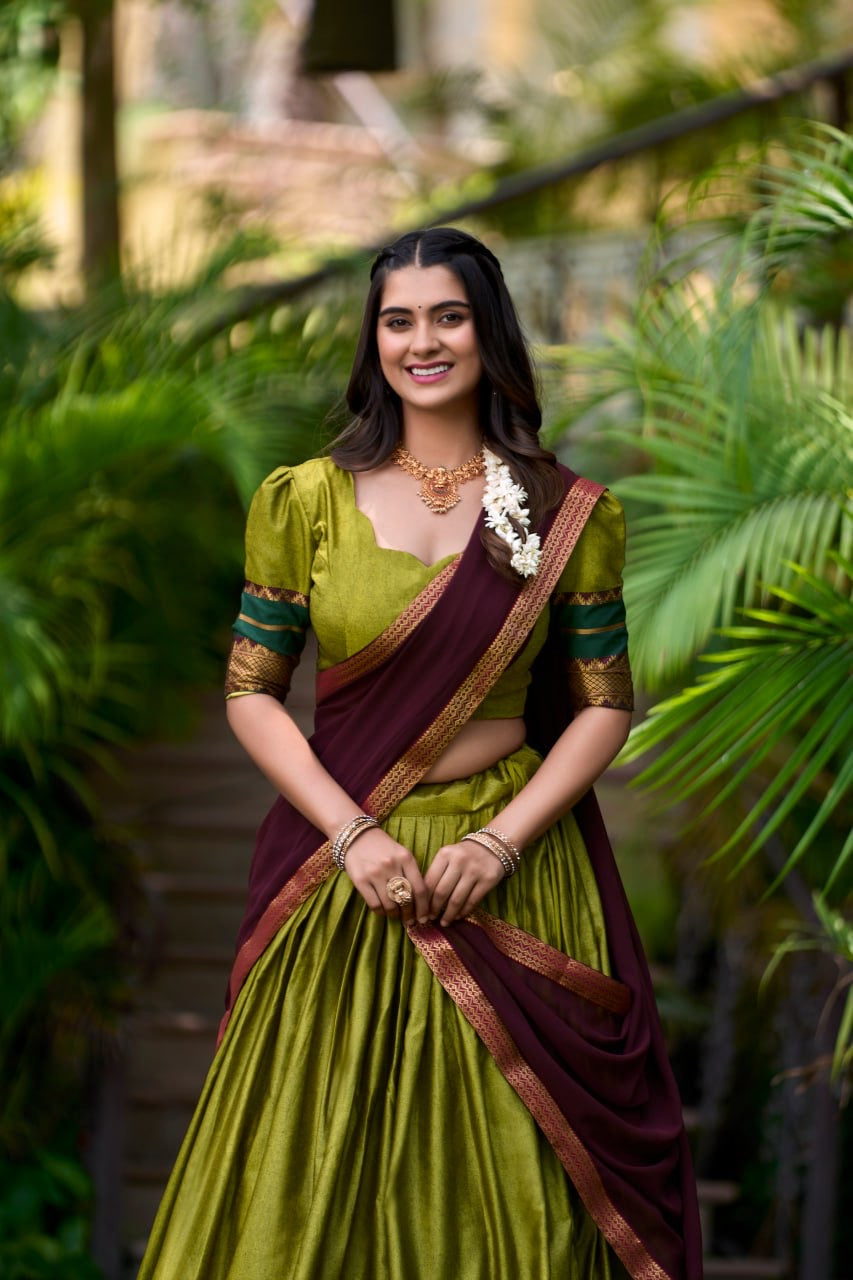 Green Kalamkari South Indian Style Designer Lehengas with Blouse and Dupatta