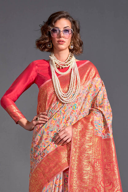 Lemonade Pink & Pink Border Kashmiri Saree with Ruby Pink Blouse