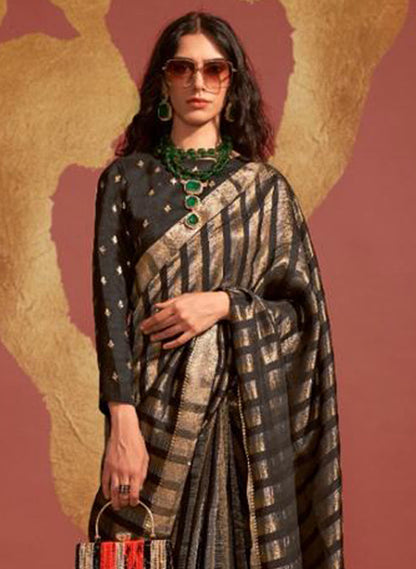 Black & Golden Border Designer Saree with Contrast Blouse