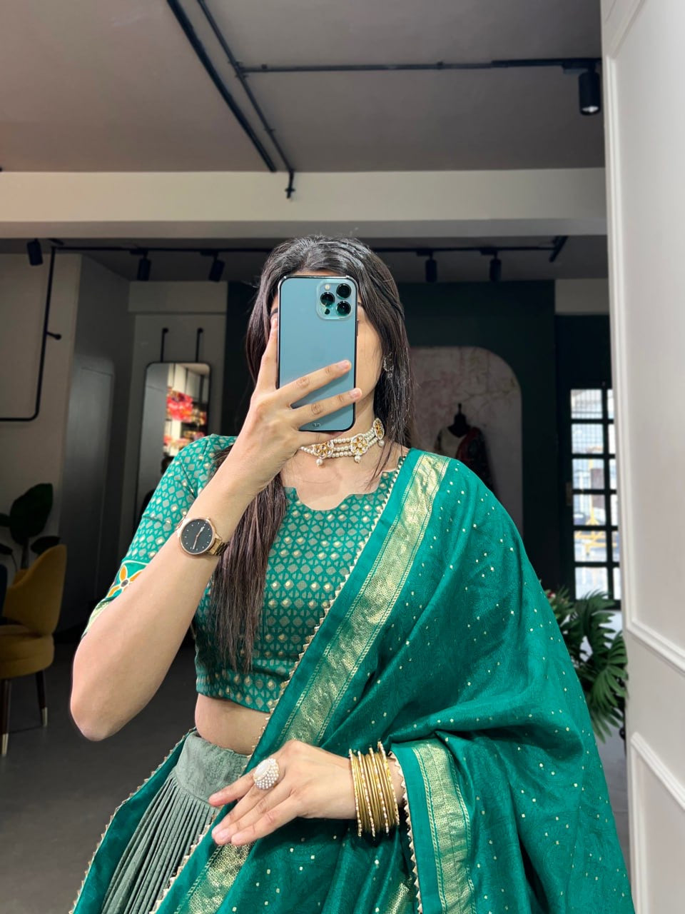 Jungle Green & Multi-colored Lehengas Woven Jaal Design Silk with Blouse