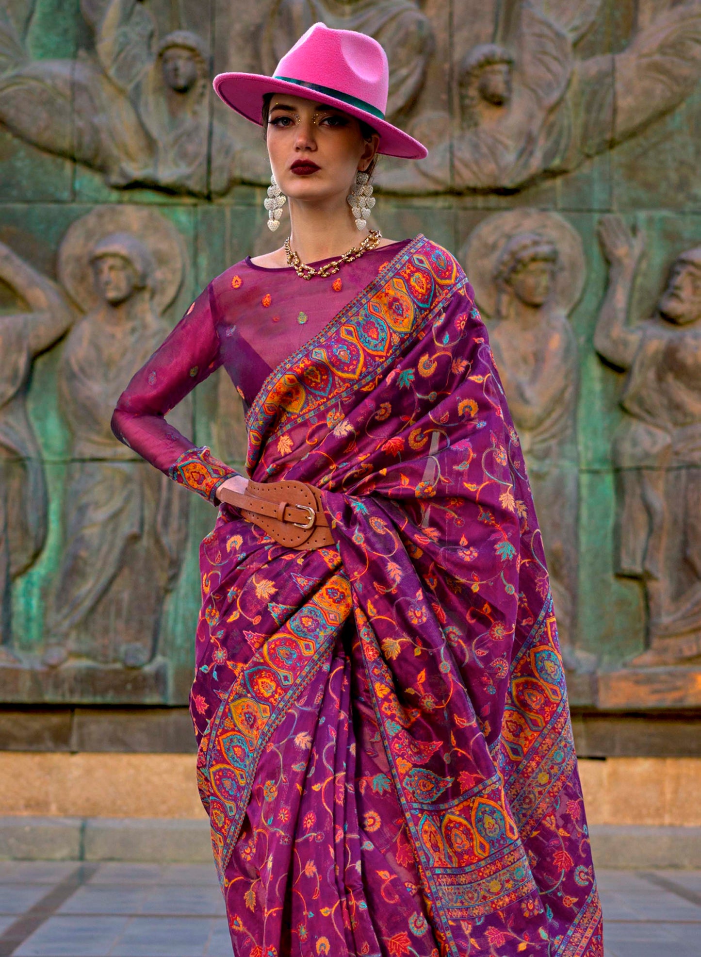 Raspberry Red Kashmiri Kani Silk Saree with Designer Blouse