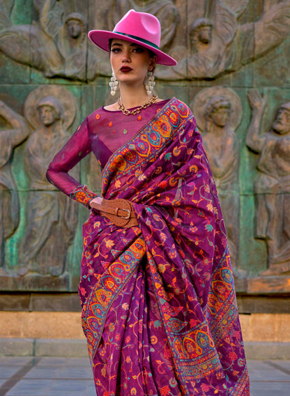 Raspberry Red Kashmiri Kani Silk Saree with Designer Blouse